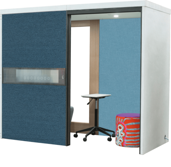 blue booth with ottoman